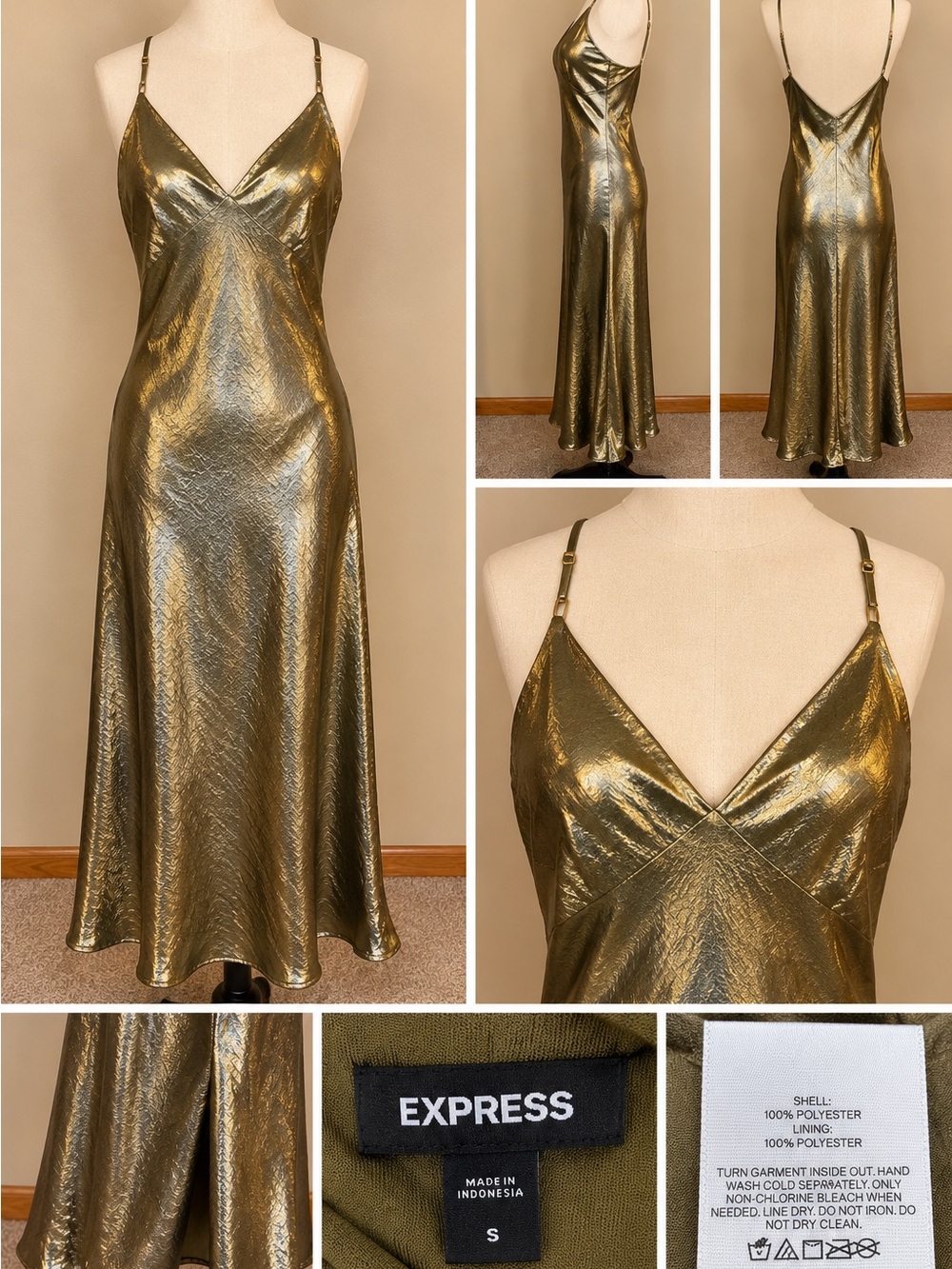 Express Metallic Gold Slip Maxi Dress